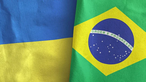Brazilië en Oekraïne twee vlaggen textiel doek 3D rendering — Stockfoto