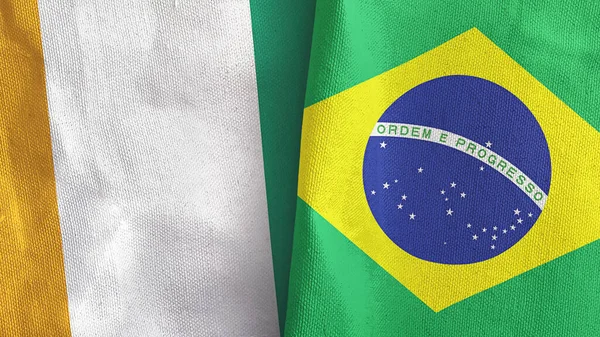 Brazilië en Ivoorkust Ivoorkust twee vlaggen textieldoek 3D-weergave — Stockfoto