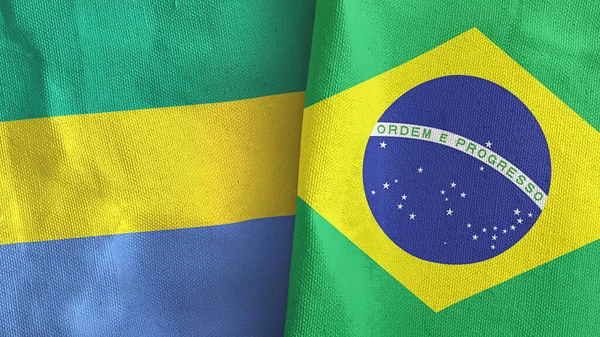 Brazilië en Gabon twee vlaggen textiel doek 3D rendering — Stockfoto