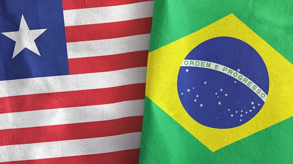 Βραζιλία και Λιβερία δύο σημαίες ύφασμα 3D απόδοση — Φωτογραφία Αρχείου
