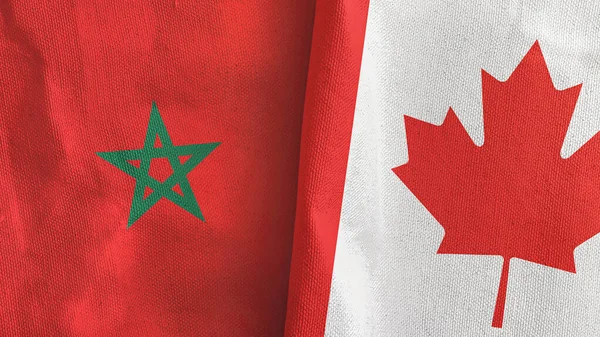 Canada en Marokko twee vlaggen textiel doek 3D rendering — Stockfoto