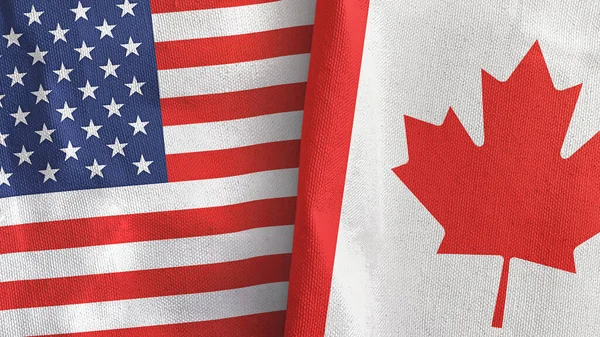 Kanada a Spojené státy dvě vlajky textilní tkaniny 3D vykreslování — Stock fotografie