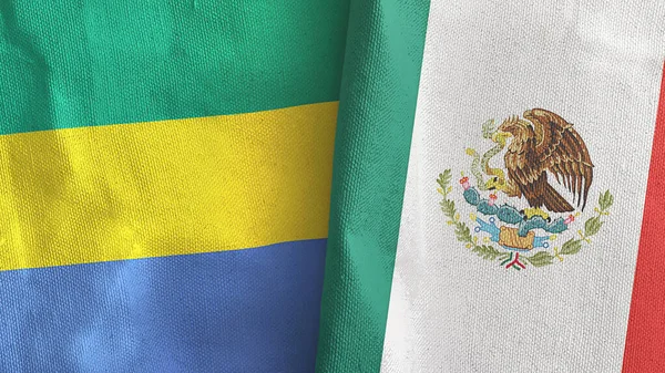México y Gabón dos banderas de tela textil 3D renderizado — Foto de Stock