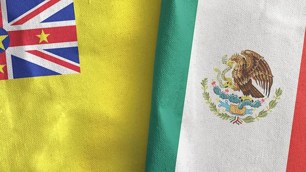 México y Niue dos banderas de tela textil 3D renderizado — Foto de Stock