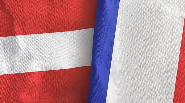 Francja i Austria dwie flagi tkaniny tekstylne 3D renderowania — Zdjęcie stockowe
