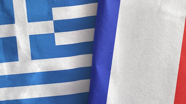 Francja i Grecja dwie flagi tkaniny tekstylne 3D rendering — Zdjęcie stockowe
