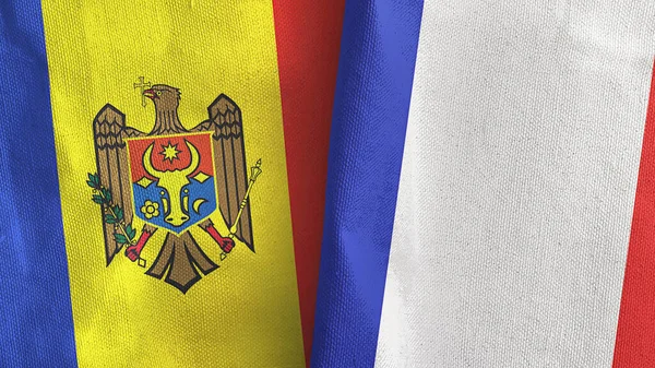 Frankrijk en Moldavië twee vlaggen textiel doek 3D rendering — Stockfoto