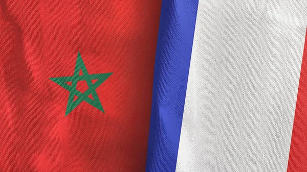 Frankrijk en Marokko twee vlaggen textiel doek 3D rendering — Stockfoto