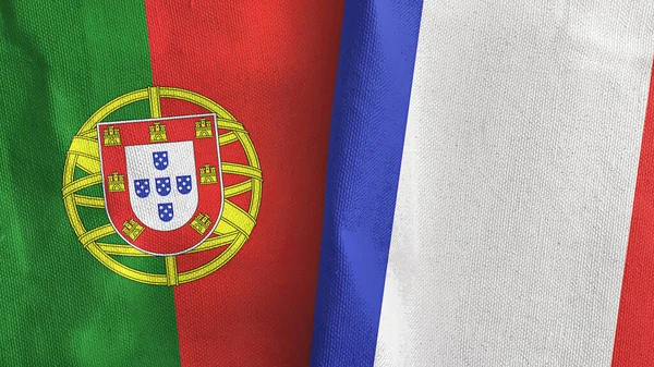 Francia e Portogallo due bandiere tessuto 3D rendering — Foto Stock