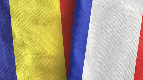 Francia e Romania due bandiere tessuto 3D rendering — Foto Stock