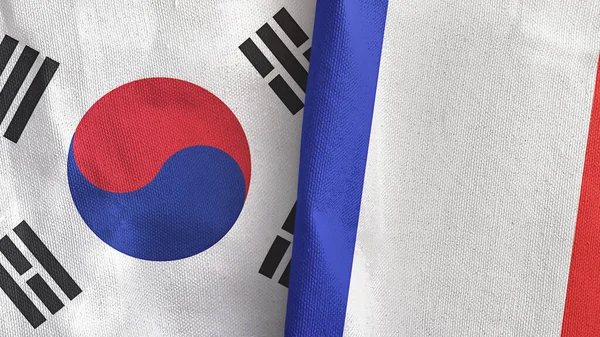 Francia e Corea del Sud due bandiere tessuto 3D rendering — Foto Stock