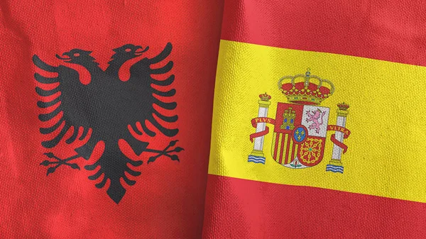 Spanje en Albanië twee vlaggen textiel doek 3D rendering — Stockfoto