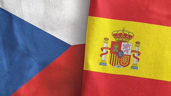 西班牙和捷克共和国两国国旗纺织品三维渲染 — 图库照片