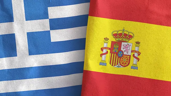 Spanje en Griekenland twee vlaggen textiel doek 3D rendering — Stockfoto