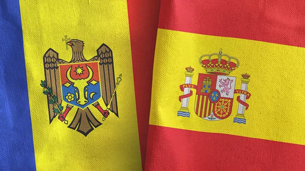 西班牙和摩尔多瓦两国国旗纺织品3D渲染 — 图库照片