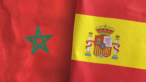 Spanje en Marokko twee vlaggen textiel doek 3D rendering — Stockfoto