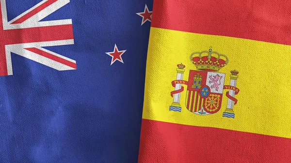 Spain and New Zealand two flags textile cloth 3D rendering — Stock Photo, Image