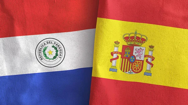 España y Paraguay dos banderas de tela textil 3D renderizado — Foto de Stock