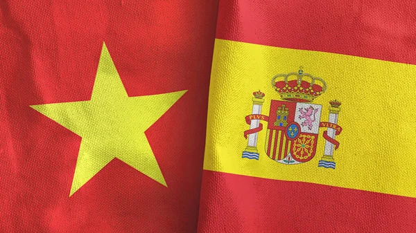 西班牙和越南两国国旗纺织品3D渲染 — 图库照片