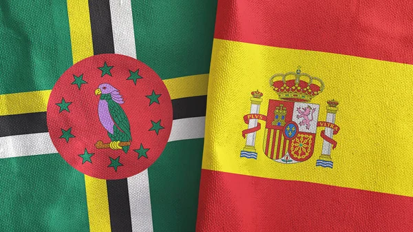 Spanje en Dominica twee vlaggen textiel doek 3D rendering — Stockfoto