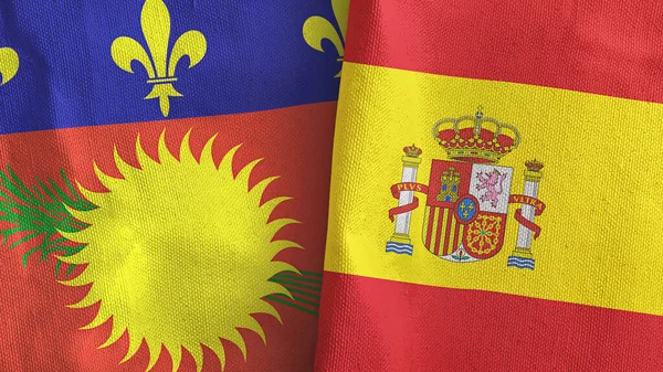 西班牙和瓜德罗普岛两面国旗纺织品三维渲染 — 图库照片
