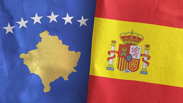 España y Kosovo dos banderas de tela textil 3D renderizado — Foto de Stock