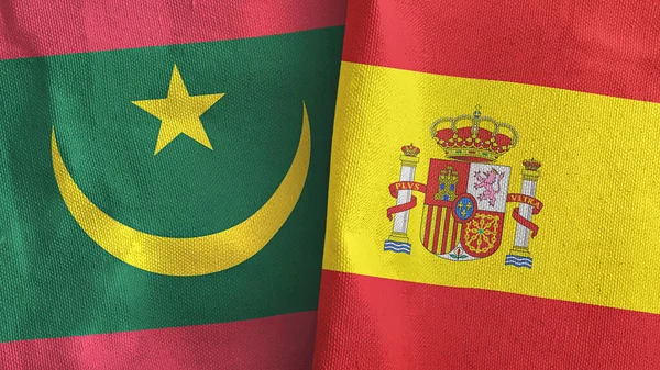 西班牙和毛里塔尼亚两国国旗纺织品3D渲染 — 图库照片
