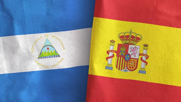 España y Nicaragua dos banderas de tela textil 3D renderizado — Foto de Stock