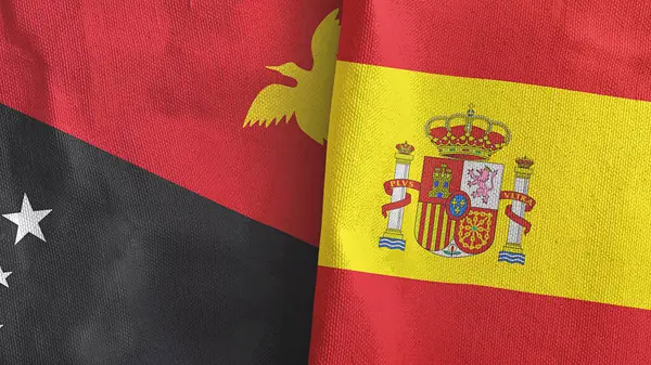 España y Papúa Nueva Guinea dos banderas de tela textil 3D renderizado — Foto de Stock