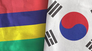 Güney Kore ve Mauritius 'un iki bayrağı tekstil kumaşı 3D.