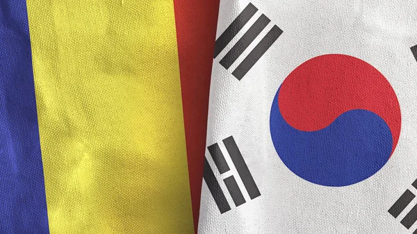 Jižní Korea a Rumunsko dvě vlajky textilní látky 3D vykreslování — Stock fotografie