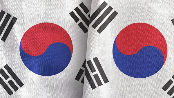 Corea del Sud due bandiere tessuto 3D rendering — Foto Stock