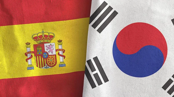 Jižní Korea a Španělsko dvě vlajky textilní látky 3D vykreslování — Stock fotografie