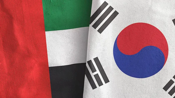 South Korea and United Arab Emirates two flags textile cloth 3D rendering — Stock Photo, Image