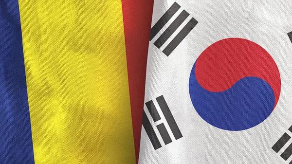 Jižní Korea a Čad dvě vlajky textilní tkaniny 3D vykreslování — Stock fotografie