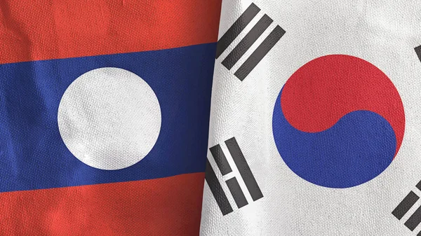 Corea del Sud e Laos due bandiere tessuto 3D rendering — Foto Stock