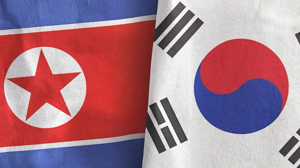 Sydkorea och Nordkorea två flaggor textilduk 3D-rendering — Stockfoto