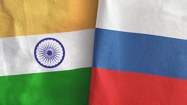 Russia and India two flags textile cloth 3D rendering — Stock Photo, Image