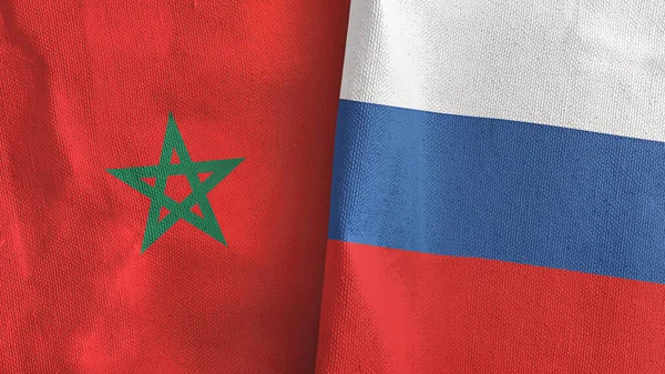 Rusland en Marokko twee vlaggen textiel doek 3D rendering — Stockfoto