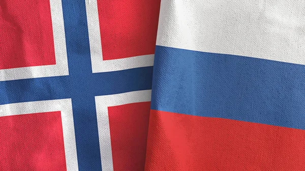 Russia and Norway two flags textile cloth 3D rendering — стокове фото