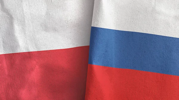 Rusia y Polonia dos banderas de tela textil 3D renderizado — Foto de Stock