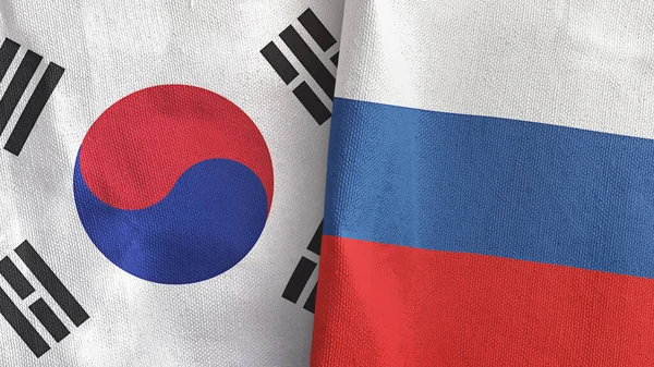 Russia e Corea del Sud due bandiere tessuto rendering 3D — Foto Stock
