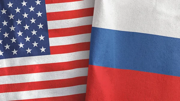 Rusia y Estados Unidos dos banderas de tela textil 3D renderizado — Foto de Stock