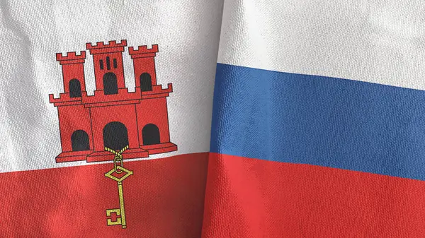 Rusland en Gibraltar twee vlaggen textiel doek 3D rendering — Stockfoto