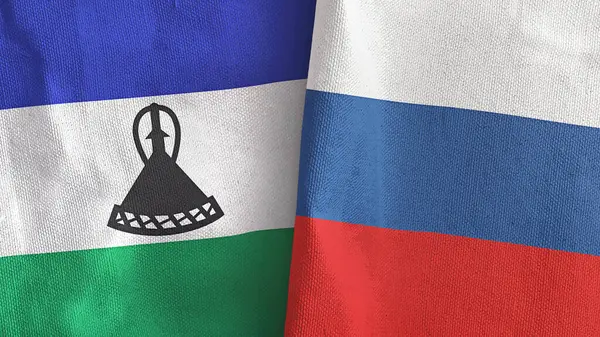 Rusia y Lesotho dos banderas tela textil 3D renderizado — Foto de Stock