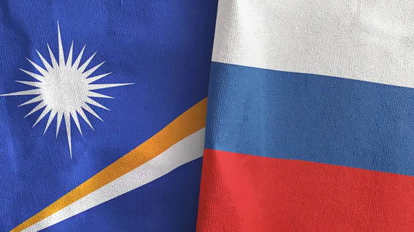 Rusia e Islas Marshall dos banderas de tela textil 3D renderizado — Foto de Stock