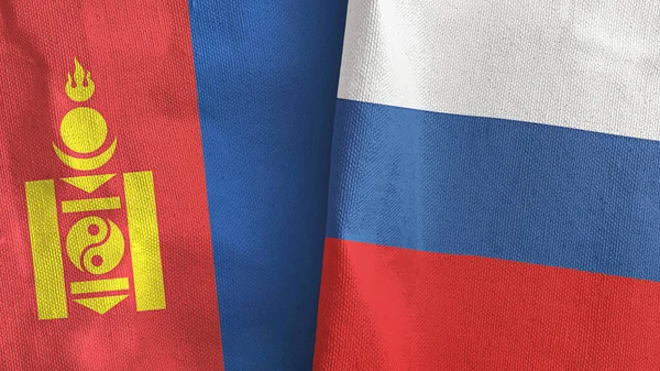 Russia and Mongolia two flags textile cloth 3D rendering — Stock Photo, Image