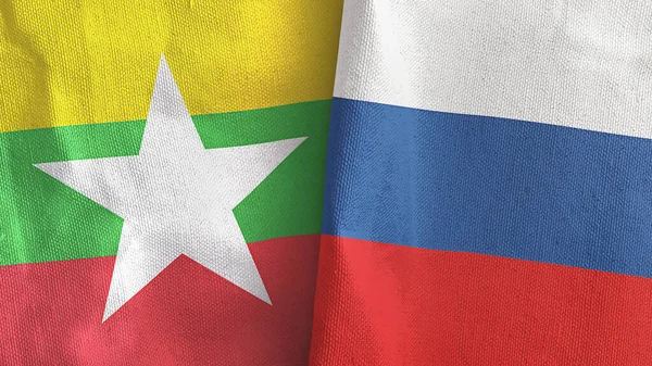 Rusia y Myanmar dos banderas de tela textil representación 3D — Foto de Stock