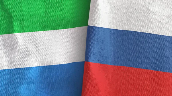 Rusia y Sierra Leona dos banderas de tela textil 3D renderizado — Foto de Stock