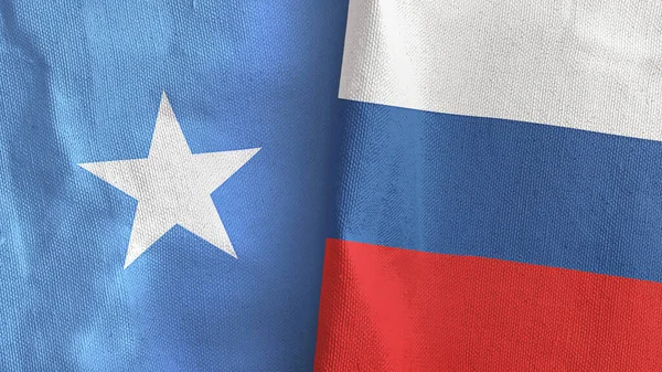 Rusia y Somalia dos banderas de tela textil representación 3D — Foto de Stock